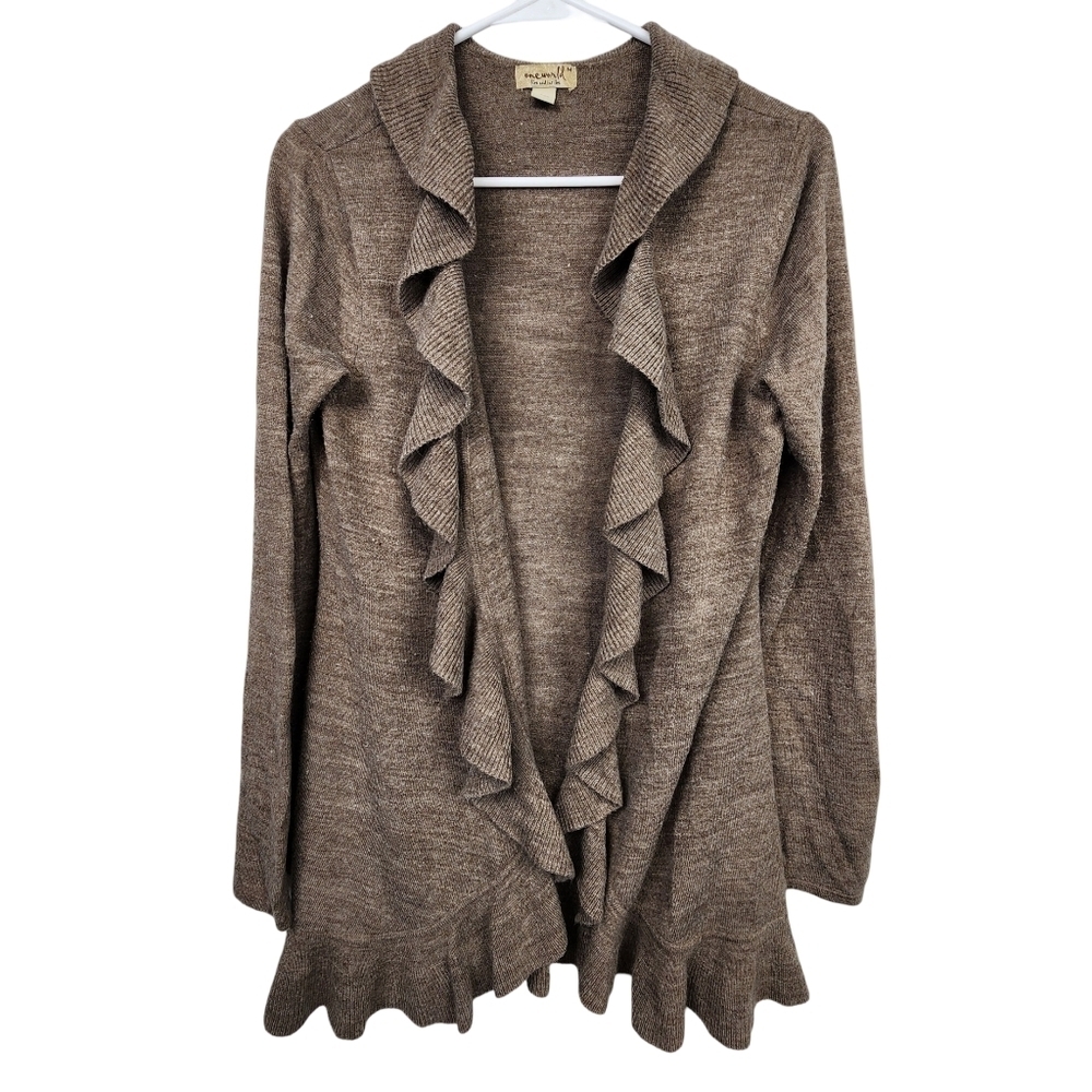 One World Ruffled Knit Open Front Boho Fairy Cottagecore Cardigan Size Medium